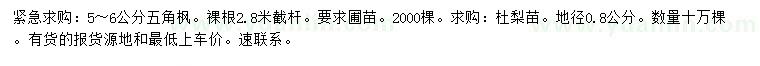 求购5-6公分五角枫、地径0.8公分杜梨苗