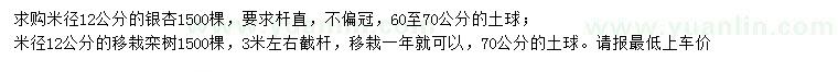 求购米径12公分银杏、栾树