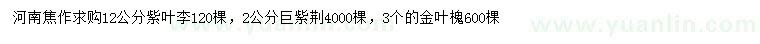 求购紫叶李、巨紫荆、金叶槐