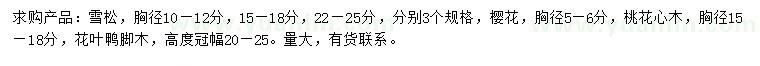 求购雪松、樱花、桃花心木等