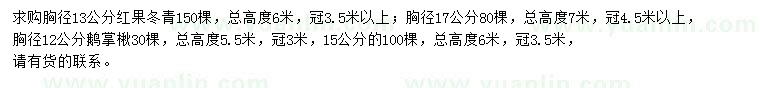 求购胸径13、17公分红果冬青、12、15公分鹅掌楸