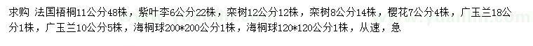 求购法国梧桐、紫叶李、栾树等