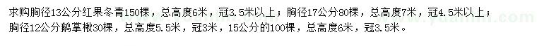 求购胸径13、17公分红果冬青、胸径12公分鹅掌楸