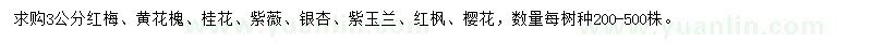 求购3公分红梅、黄花槐、桂花等