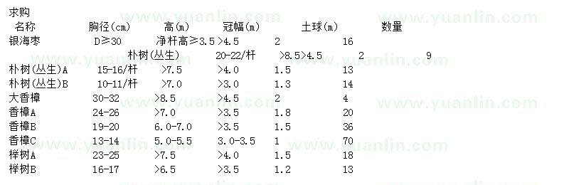 求购银海枣、朴树、香樟等