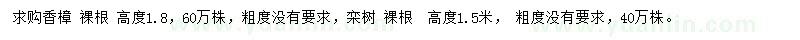 求购高1.8米香樟、1.5米栾树