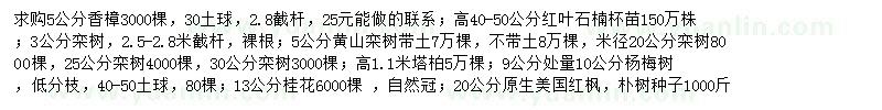 求购香樟、红叶石楠杯小苗、栾树等