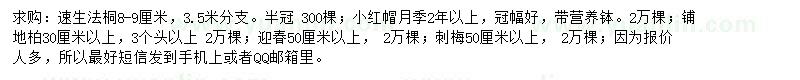 求购速生法桐、月季、铺地柏等