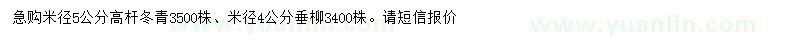 求购米径5公分高杆冬青、4公分垂柳