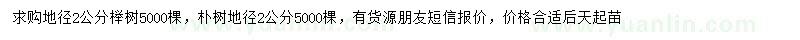 求购地径2公分榉树、朴树