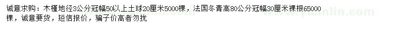 求购地径3公分木槿、高80公分法国冬青