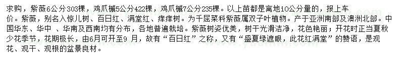 求购6公分紫薇、5、7公分鸡爪槭