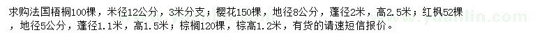 求购法国梧桐、樱花、红枫等