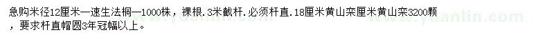 求购米径12公分速生法桐、18公分黄山栾树