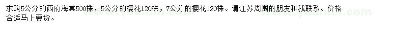 求购5公分西府海棠、5、7公分樱花