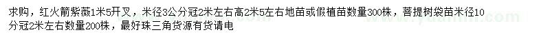 求购米径3公分红火箭紫薇、10公分菩提树