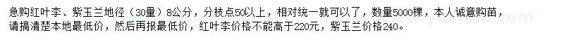 求购地径30量8公分红叶李、紫玉兰