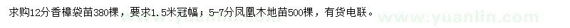 求购12公分香樟袋苗、5-7分凤凰木地苗