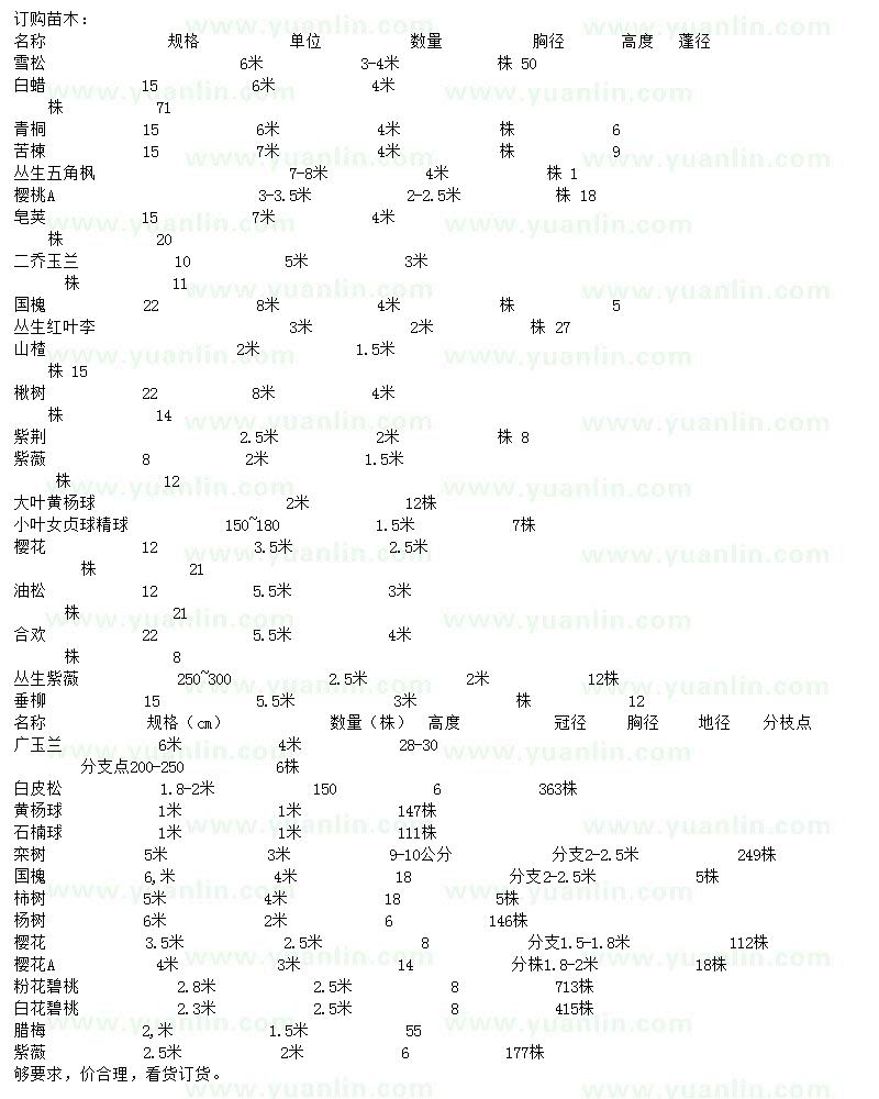 求购雪松、白蜡、青桐等