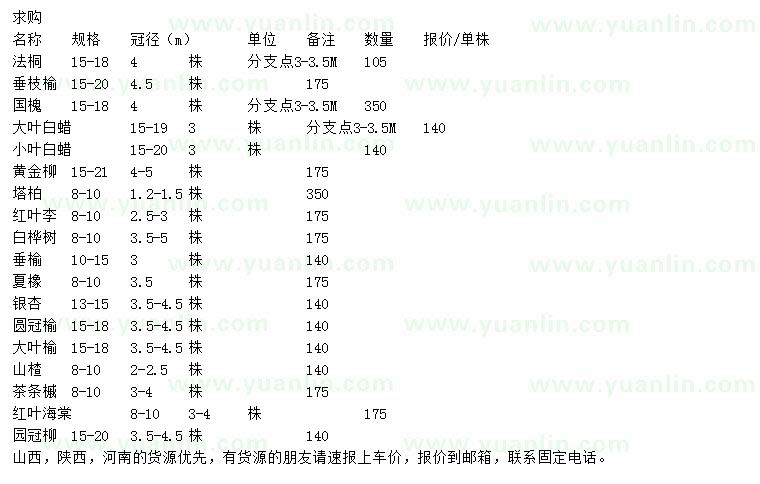 求購法桐、垂枝榆、國槐等