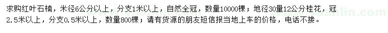 求购米径6公分以上红叶石楠、地径30量12公分桂花