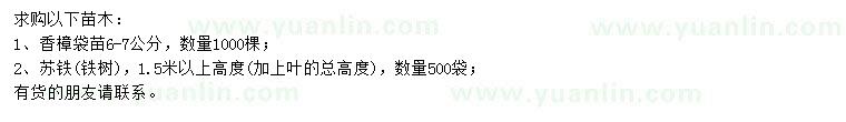 求购6-7公分香樟、高1.5米以上苏铁(铁树)