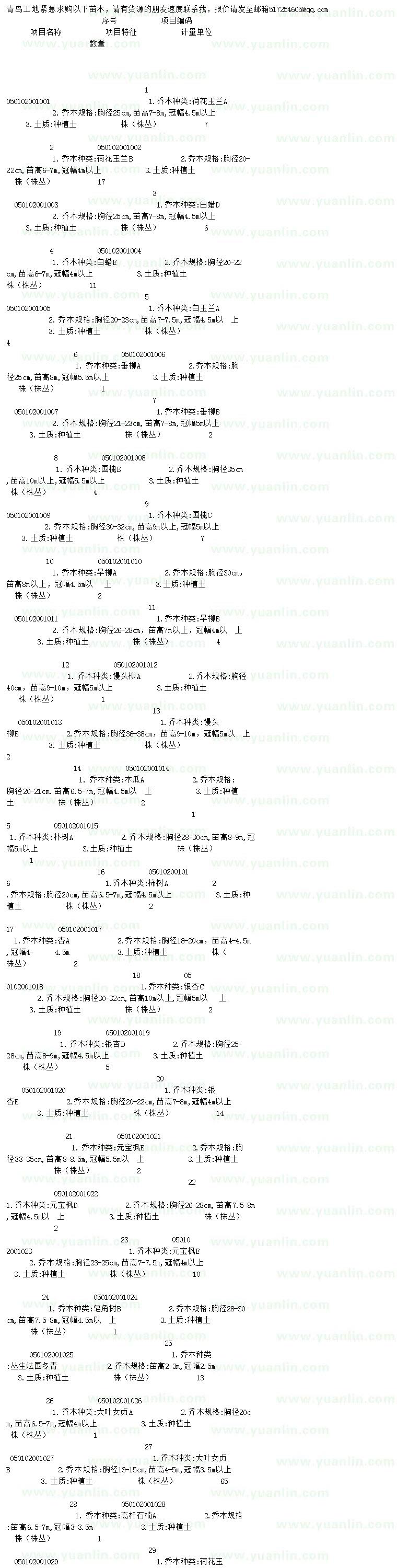 求购荷花玉兰、白蜡、玉兰等