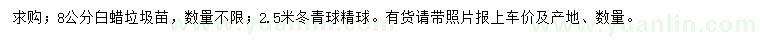 求购8公分白蜡、2.5米冬青球