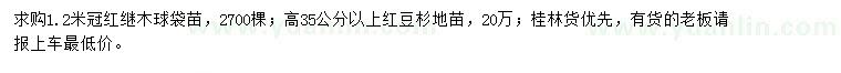 求购冠1.2米红继木球、高35公分以上红豆杉