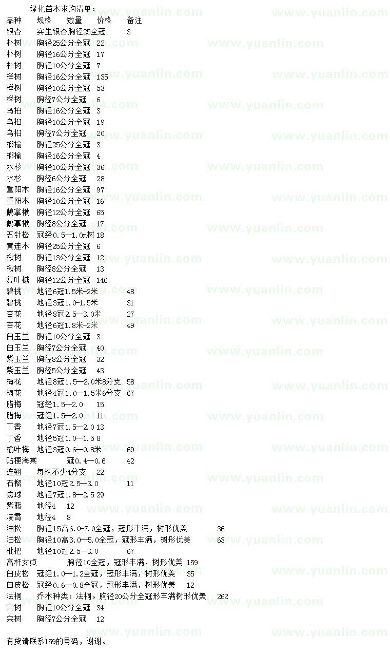 求购银杏、朴树、榉树等