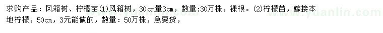 求购30公分量3公分风箱树、50公分柠檬苗