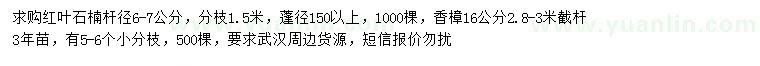 求购杆径6-7公分红叶石楠、16公分香樟
