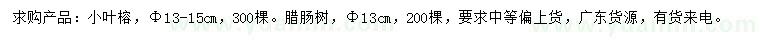 求购13-15公分小叶榕、13公分腊肠树