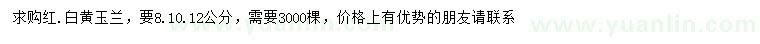 求购8、10、12公分红、白、黄玉兰