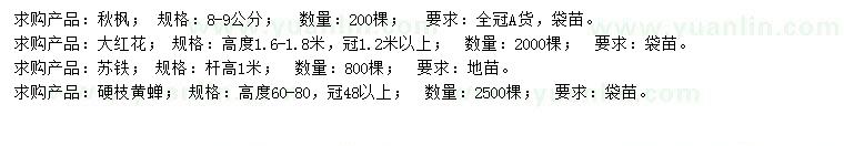 求购秋枫、大红花、苏铁等