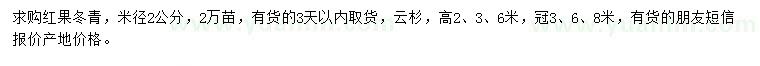 求购米径2公分红果冬青、高2、3、6米云杉