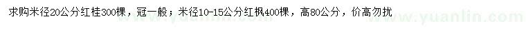 求购米径20公分红桂、米径10-15公分红枫