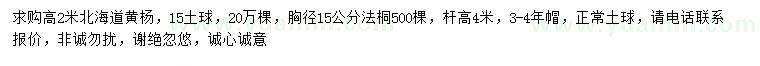 求购高2米北海道黄杨、胸径15公分法桐