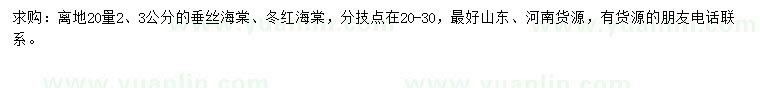 求购离地20量2、3公分垂丝海棠、冬红海棠