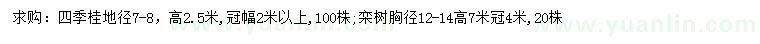 求购地径7-8公分四季桂、胸径12-14公分栾树