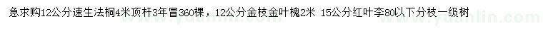 求购速生法桐、金枝金叶槐、红叶李