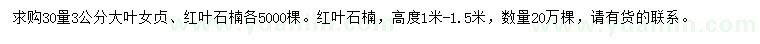 求购30量3公分大叶女贞、红叶石楠、高1-1.5米红叶石楠