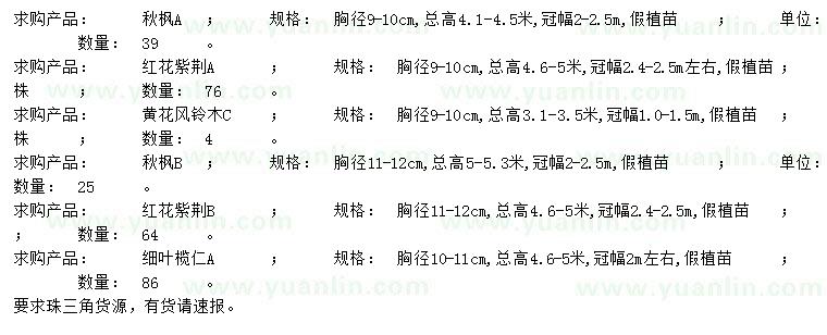 求购秋枫、红花紫荆、黄花风铃木等