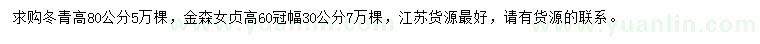 求购高80公分冬青、60公分金森女贞