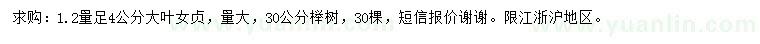 求购1.2量4公分大叶女贞、30公分榉树