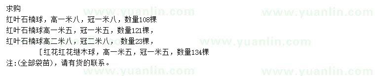 求购冠1.5、1.8、2.8米红叶石楠球、冠1.5米红花继木球