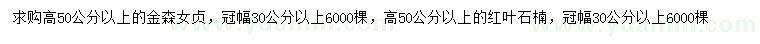 求购高50公分以上金森女贞、高50公分以上红叶石楠