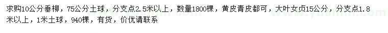 求购10公分垂柳、15公分大叶女贞