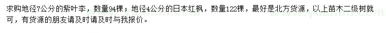 求购地径7公分紫叶李、地径4公分日本红枫