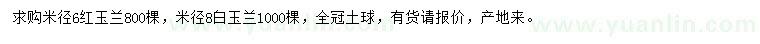 求购米径6公分红玉兰、8公分白玉兰